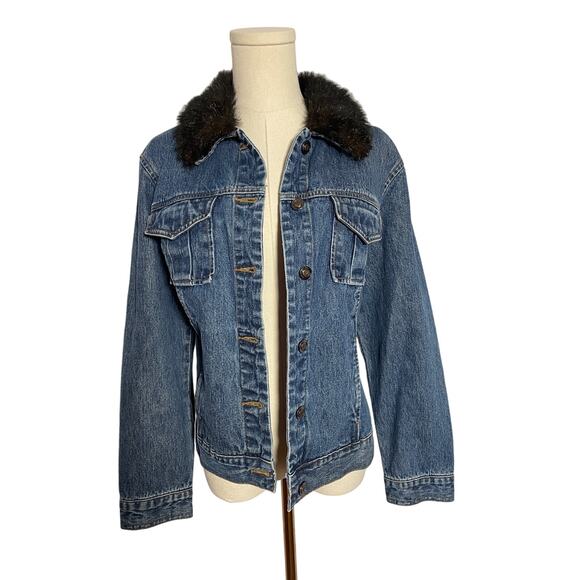 Vintage 90s Y2K Denim Jean Jacket Fur Collar LARGE - Picture 1 of 7
